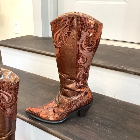 Brown /Cognac John Fashion Sequined Embroidered Pointed Toe Cowboy Boots Sz - Picture 12 of 16
